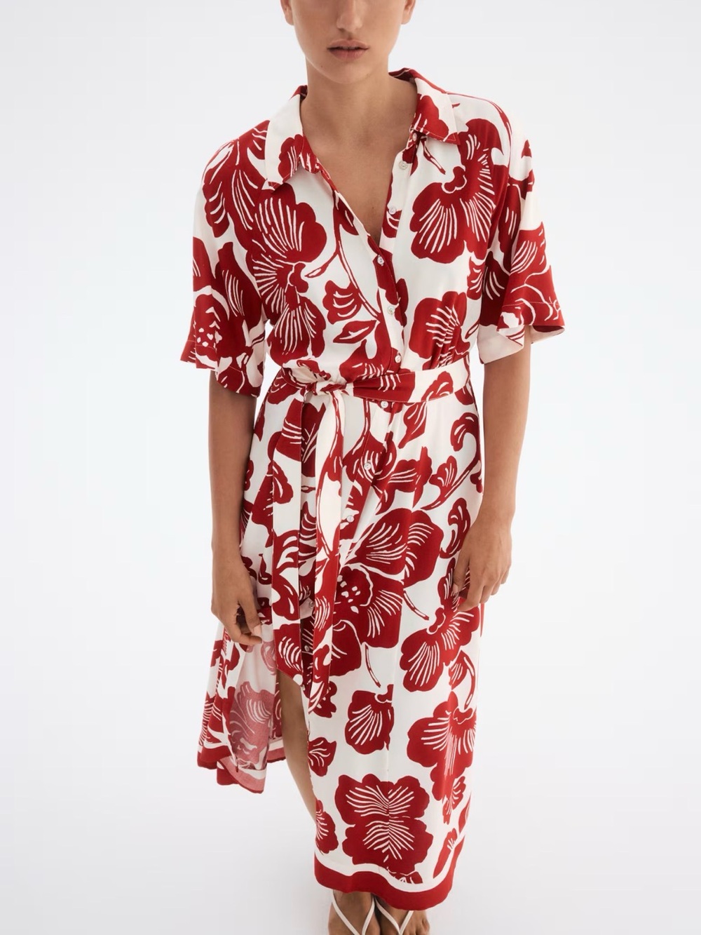 Red and White Floral Button-Front Maxi Dress with Tie Waist - Picture 2 of 7